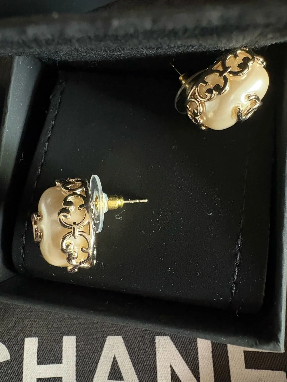 CHANEL Pearl Gold tone  Logo Stud Earrings barely used new condition.